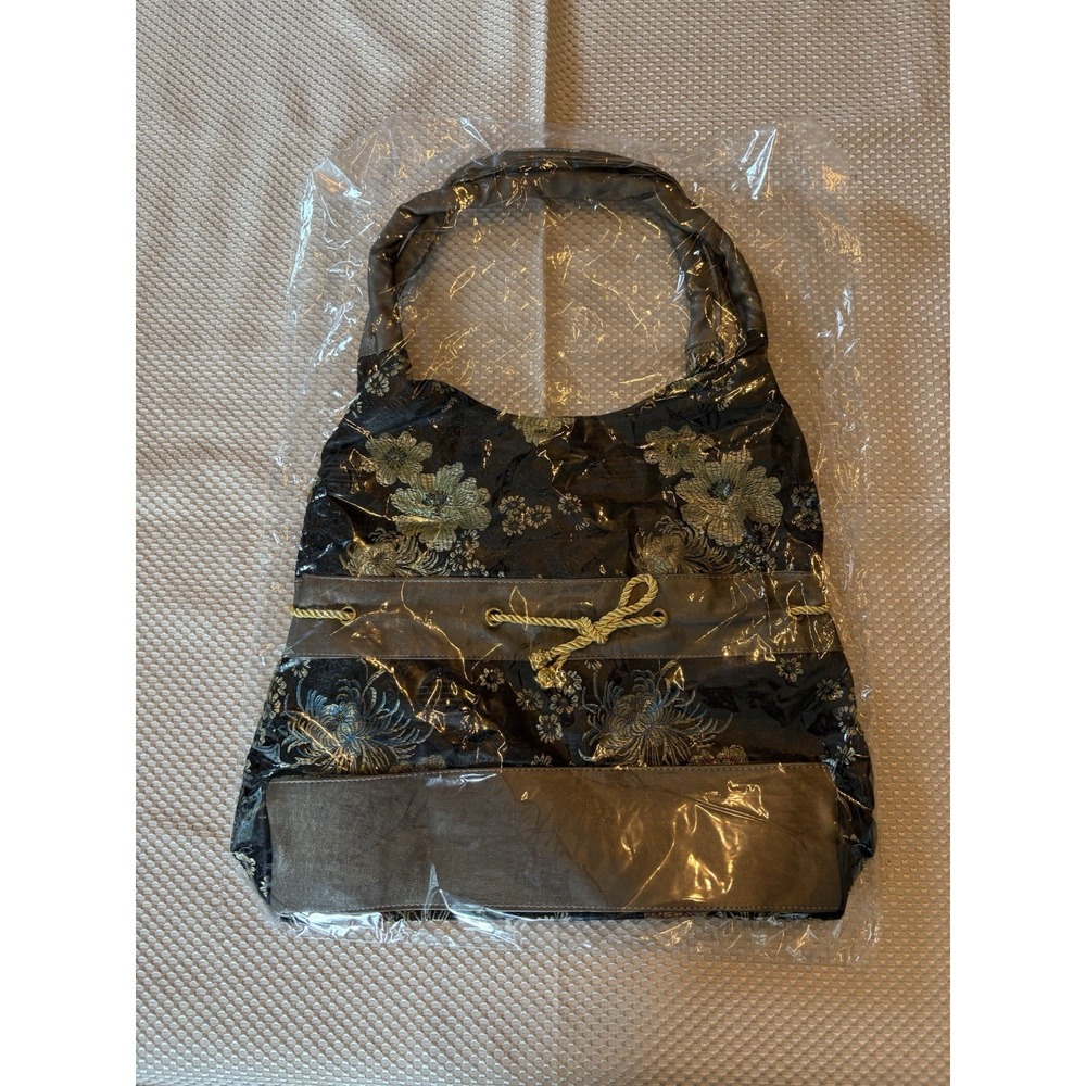 Asian Black Flower Brocade Purse, New